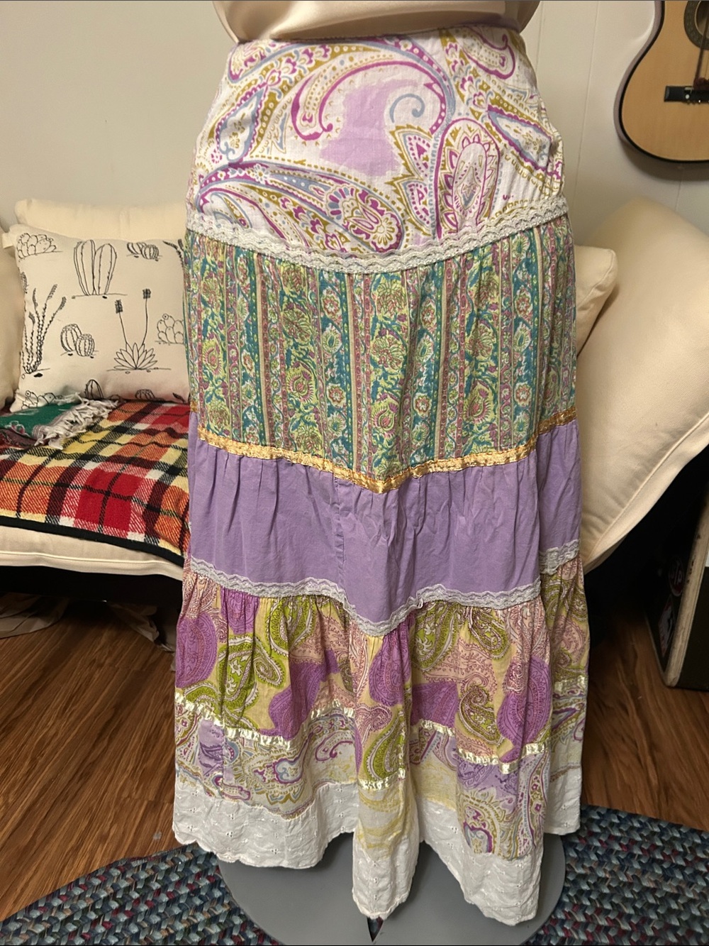 Boho Tiered Paisley Maxi Skirt in Lavender and Green